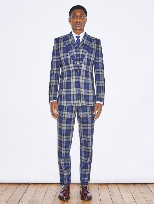 Blue Grey Check Lambswool Suit