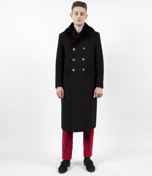 The Anton Overcoat: Fur Collared Black Moleskin